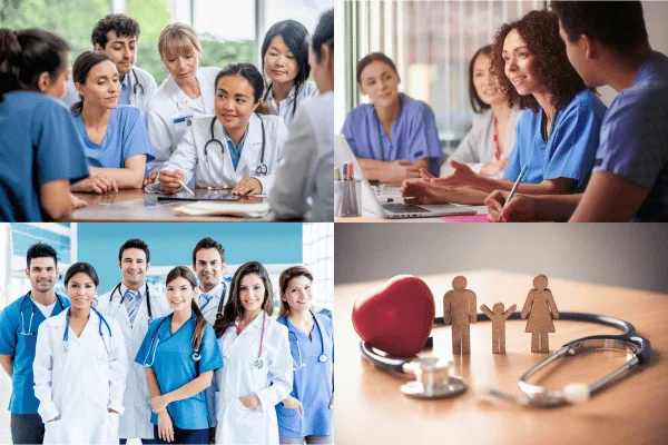 Équipes soignantes en échange : atelier de communication, soignants en blouses et en tenues médicales, symbole famille et stéthoscope